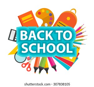 Back to school text with school supplies, vector illustration