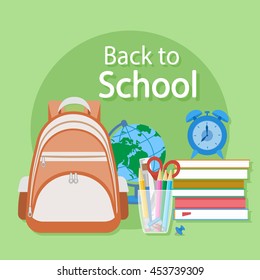 Back to school text. Textbooks, alarm clock, schoolbag, globe, stationery, pencils, scissors, ruler. Schooling Flat concept background. Vector illustration.