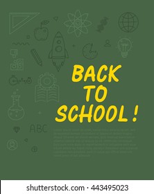 Back to school text with various education icon elements on background.