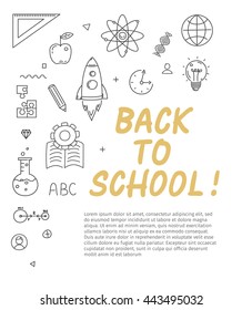 Back to school text with various education icon elements on background.