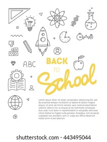 Back to school text with various education icon elements on background.