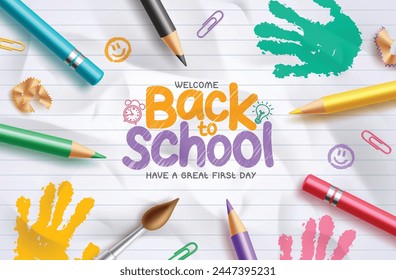 Back to school text vector background design. Welcome back to school greeting with colorful color pencil elements and students hand print pattern in paper background. Vector illustration school 