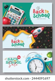 Back to school text vector banner set. Back to school greeting and sale educational lay out collection with education supplies, items, materials and elements for flyers and brochure template. Vector 