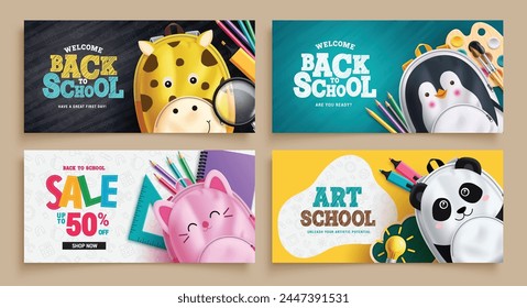 Back to school text vector banner design. Welcome greeting, promotion sale and art school lay out collection with cute animals backpack and educational elements and color materials. 