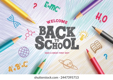 Back to school text vector banner set design. Welcome back to school greeting in colorful text with students color pencil, ruler and hand print decoration in paper space for typography. Vector 