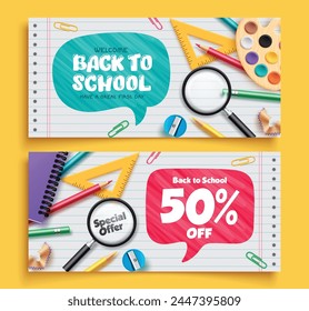 Back to school text vector banner set design. Back to school welcome greeting and sale text with educational elements, material and items for educational promotion and invitation collection. Vector 