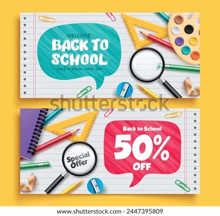 Back to school text vector banner set design. Back to school welcome greeting and sale text with educational elements, material and items for educational promotion and invitation collection. Vector 