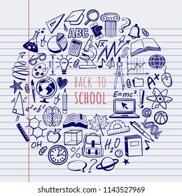 Back to school text. Vector collection of educational symbols. Science doodle illustration.