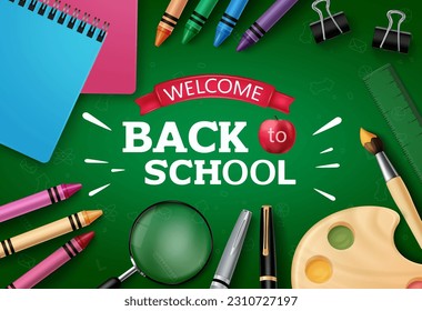 Back to school text vector design. School greeting text in green board space with educational supplies. Vector illustration learning elements.