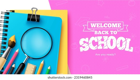 Back to school text vector design. School welcome greeting typography in pink space with notebook, pencil and education elements supplies. Vector illustration educational template.