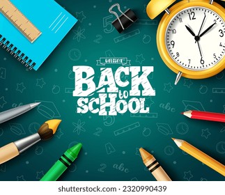 Back to school text vector design. School back typography in chalkboard space and doodle background with students supplies. Vector illustration welcome education greeting design. 