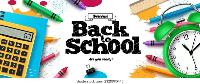 Back to school text vector design. Welcome back to school greeting in white space with learning elements and office supplies. Vector illustration educational items in white background.