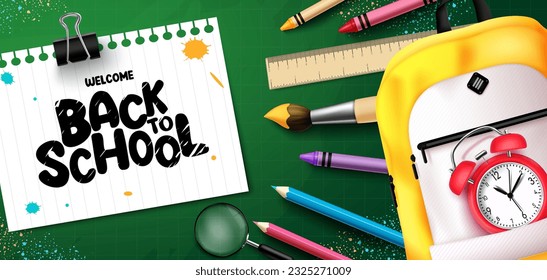 Back to school text vector design. School welcome greeting typography in white paper stationery with student elements. Vector illustration educational template design.