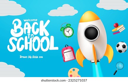 Back to school text vector design. Welcome back to school in blue sky background with rocket ship launch and kids elements. Vector illustration greeting educational template.