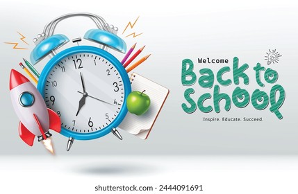 Back to school text vector design. Welcome back to school greeting with alarm clock, rocket ship, notebook learning items and elements for educational background. Vector illustration school greeting 