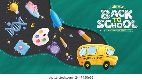 Back to school text vector design. School bus with educational elements, items, materials and supplies for e-learning and distance education background. Vector illustration school greeting design.  
