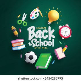 Back to school text vector design. Welcome back to school greeting in chalk board with alarm clock, notebook, book, pen and water color educational elements in green background. 
