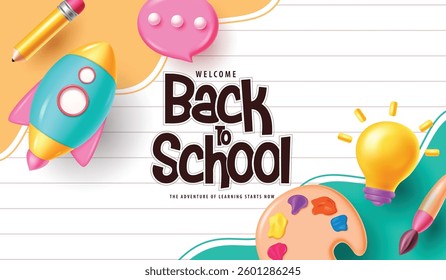 Back to school text vector design. Welcome back to school greeting in colorful abstract background with pencil, bulb, Rocket and arts materials elements. Vector illustration school greeting.