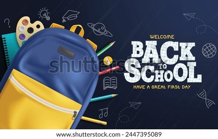 Back to school text vector design. Welcome back to school greeting with student backpack, color pencil and notebook educational supplies elements in blue background. Vector illustration welcome school