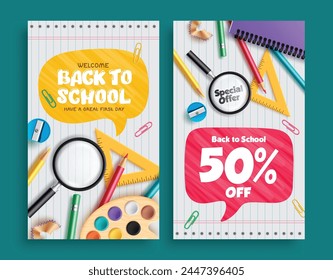 Back to school text vector poster set design. Back to school welcome greeting and sale text with educational elements, material and items for educational promotion and invitation collection. Vector 