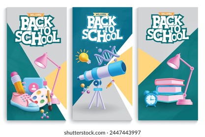 Conjunto de afiches de Vector de texto de regreso a la escuela. Bienvenidos de nuevo a la escuela de saludo con telescopio 3D educativo, lámpara, libros de aprendizaje iconos y artículos de decoración para la enseñanza de la educación colección de diseño 