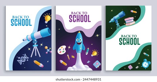 Conjunto de afiches de Vector de texto de regreso a la escuela. El saludo de regreso a la escuela con telescopio, cohete y Elementos educativos para el fomento de la educación establecen la colección. Cartel de saludo de la escuela de Ilustración vectorial 