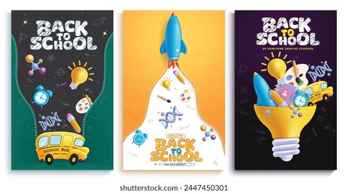 Diseño de conjunto de póster de Vector de texto de regreso a la escuela. Bienvenidos de vuelta al saludo escolar con autobús escolar, cohete y bulbo Elementos educativos, suministros y artículos para e-learning diseñar la colección. Vector 