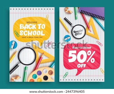 Back to school text vector poster set design. Back to school welcome greeting and sale text with educational elements, material and items for educational promotion and invitation collection. Vector 