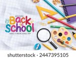 Back to school text vector template design. Welcome back to school greeting in paper space with color pencil, magnifying glass and water color educational elements. Vector illustration school greeting