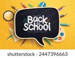 Back to school text vector template design. Welcome back to school greeting in black board space with color pencil, magnifying glass and drawing elements for educational background. Vector 