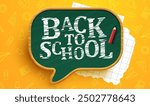 Back to school text vector template design. Back to school greeting in green chalk board space for typography and yellow pattern background. Vector illustration.
