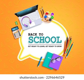 Back to school text vector template. Back to school in empty speech bubble space with educational elements design. Vector illustration in yellow background. 