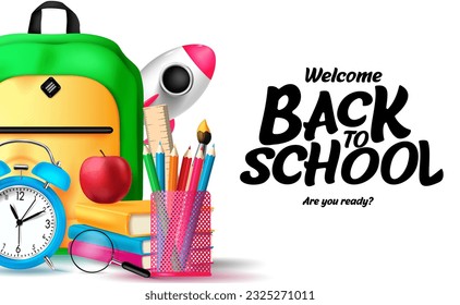 Back to school text vector template design. Welcome back to school greeting typography in white space with student learning elements. Vector illustration educational background.