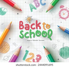 Back to school text vector template design. School back greeting in grid paper space with color pencil art elements for educational background. Vector illustration school greeting template. 
