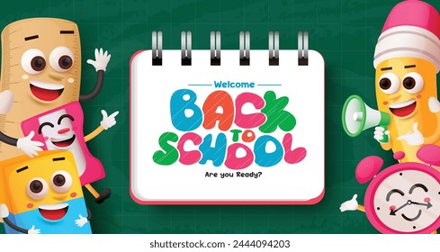 Back to school text vector template design. Welcome back to school greeting in paper notebook space with ruler, sharpener, book, pencil and alarm clock cartoon characters. Vector illustration school 