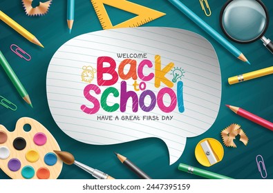 Back to school text vector template. Welcome back to school greeting in paper speech bubble space for typography with color pencil, water color and ruler educational supplies elements. Vector 