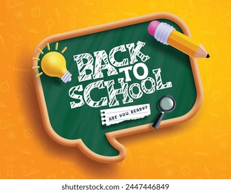 Back to school text vector template design. Back to school greeting in green chalk board space for typography and yellow pattern background. Vector illustration school greeting template. 
