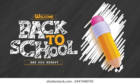 Back to school text vector template design. Welcome back to school greeting in black board space for typography with yellow pencil icons and elements. Vector illustration school educational background