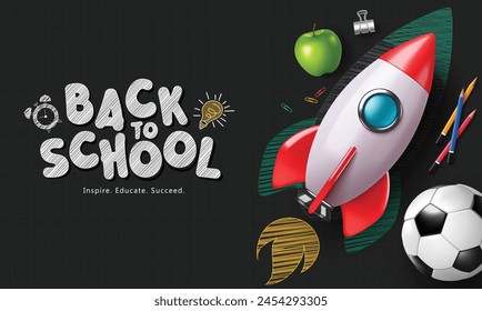 Back to school text vector template design. Back to school greeting with paper cut rocket ship and space ship educational elements in black grid background. Vector illustration school greeting 