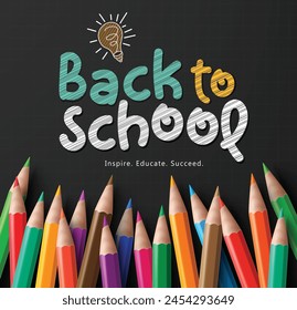 Back to school text vector template design. Back to school greeting with colorful color pencil for arts artistic drawing materials in black background. Vector illustration school back template. 
