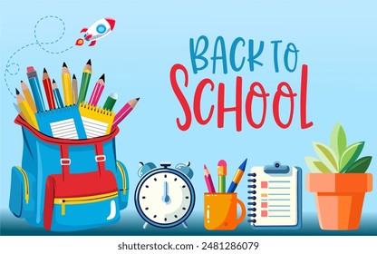 Back to school text vector template. With educational elements for learning and teaching background. Vector illustration