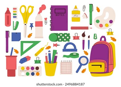 Back to school text vector template design. A large set of stationery: pencils, pens, notebooks, backpack, school supplies.