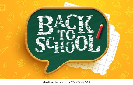 Back to school text vector template design. Back to school greeting in green chalk board space for typography and yellow pattern background. Vector illustration.