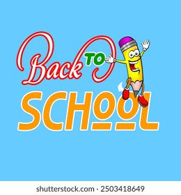 Back to school text vector template design. Back to school greeting with pencil cartoon space for typography and sky blue background. Vector illustration school greeting template.