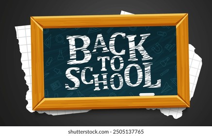 Back to school text vector template design. Back to school greeting in green chalk board. Vector illustration.