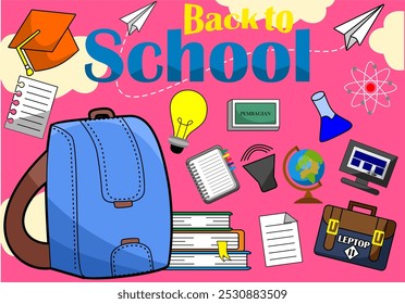 Voltar para o projeto de modelo de vetor de texto escolar. Saudação de volta à tipografia escolar e bolsas de estudo e papelaria no fundo de padrão rosa. Modelo de ilustração vetorial.