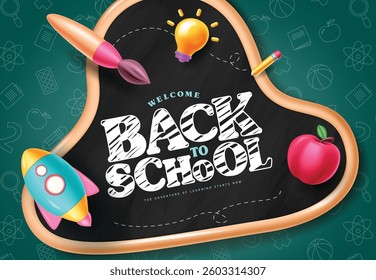 Back to school text vector template design. Welcome back to school greeting in black board space with paint brush, bulb, rocket, apple and pencil for educational background. Vector Illustration.