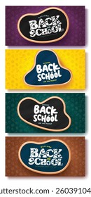 Back to school text vector template banner design. Welcome back to school greeting in black board space with seamless background pattern, Vector Illustration.