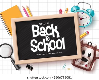 Back to school text vector template design. Back to school greeting in blackboard space for typography and square grid paper background with educational elements. Vector illustration