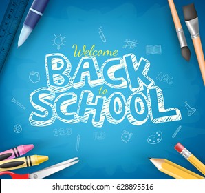 Back to School Text Written in Blue Chalkboard Background with School Items. Vector Illustration
